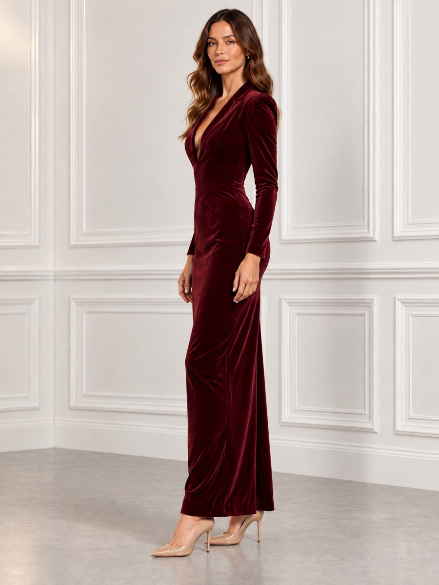 Peak Lapel Plunging V-Neck Fitted Velvet Column Maxi Dress