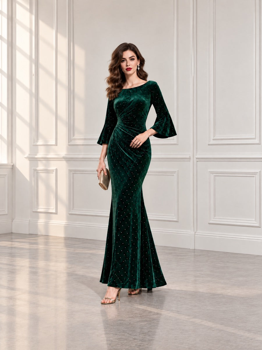 Emerald Velvet Rhinestone Bell Sleeve Mermaid Maxi Evening Dress