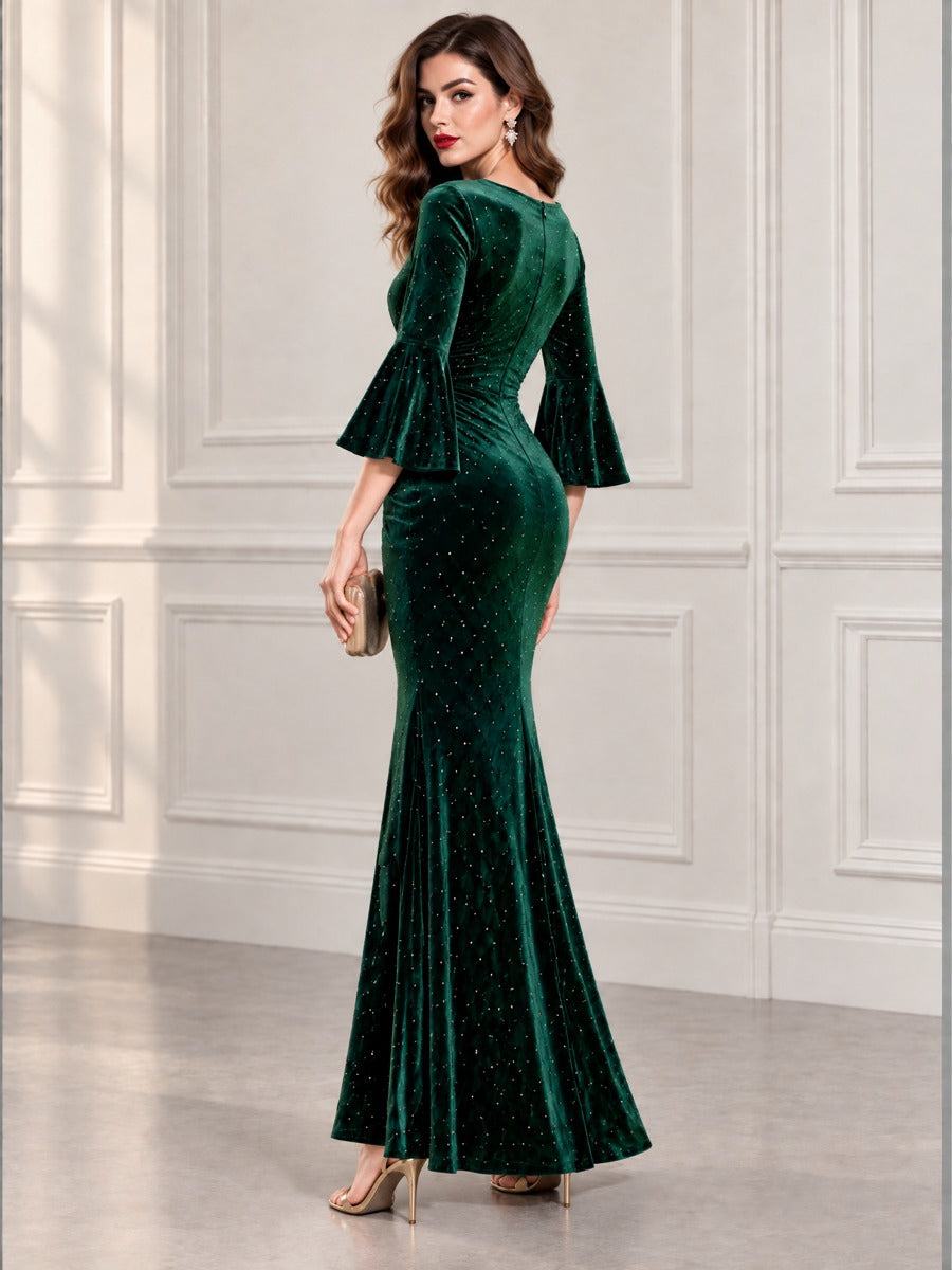 Emerald Velvet Rhinestone Bell Sleeve Mermaid Maxi Evening Dress