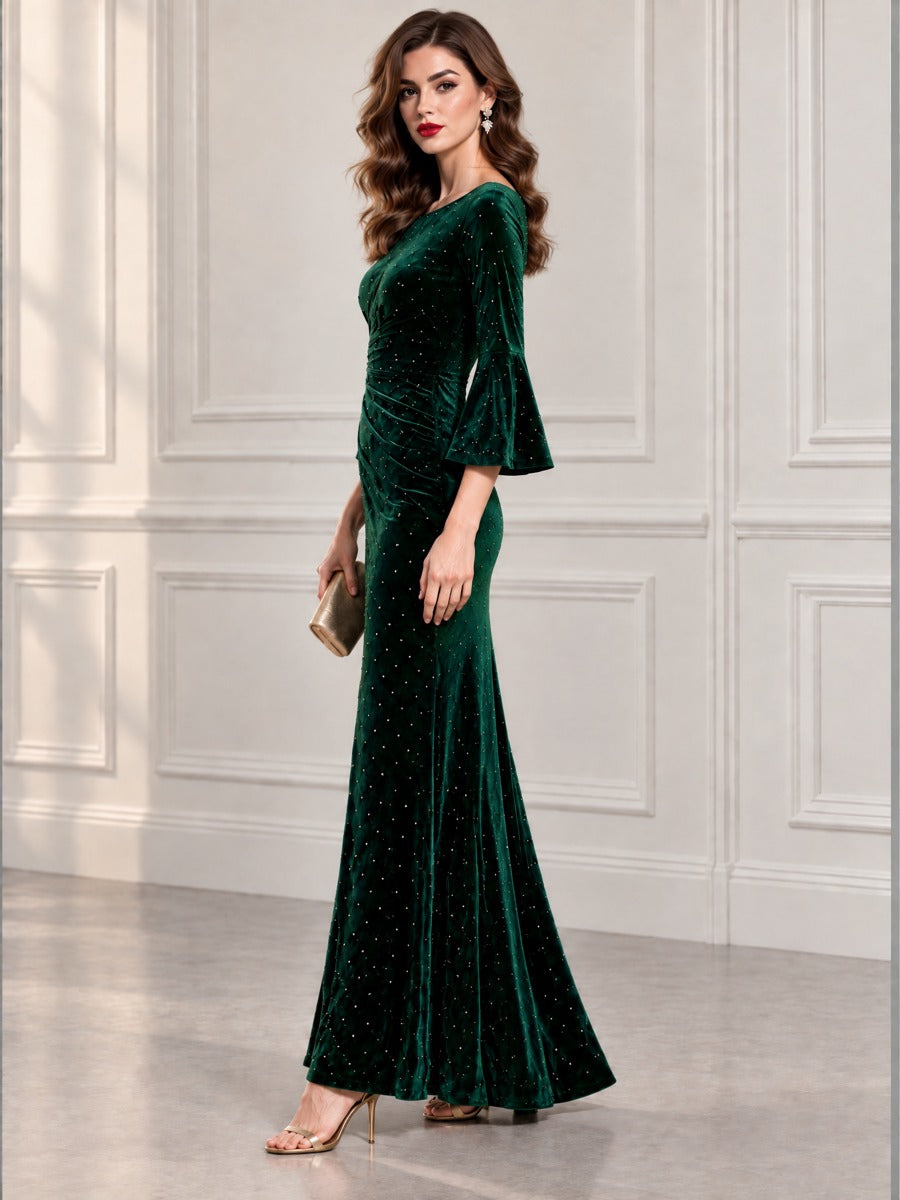 Emerald Velvet Rhinestone Bell Sleeve Mermaid Maxi Evening Dress
