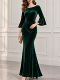 Emerald Velvet Rhinestone Bell Sleeve Mermaid Maxi Evening Dress