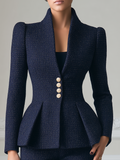 Navy Tweed Stand Collar Peplum Tailored Blazer