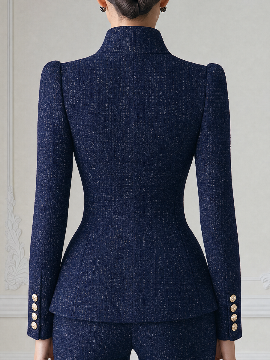Navy Tweed Stand Collar Peplum Tailored Blazer