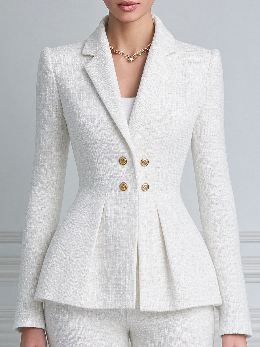 White Tweed Peak Lapel Double Breasted Peplum Blazer