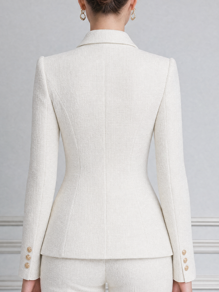 White Tweed Peak Lapel Double Breasted Peplum Blazer