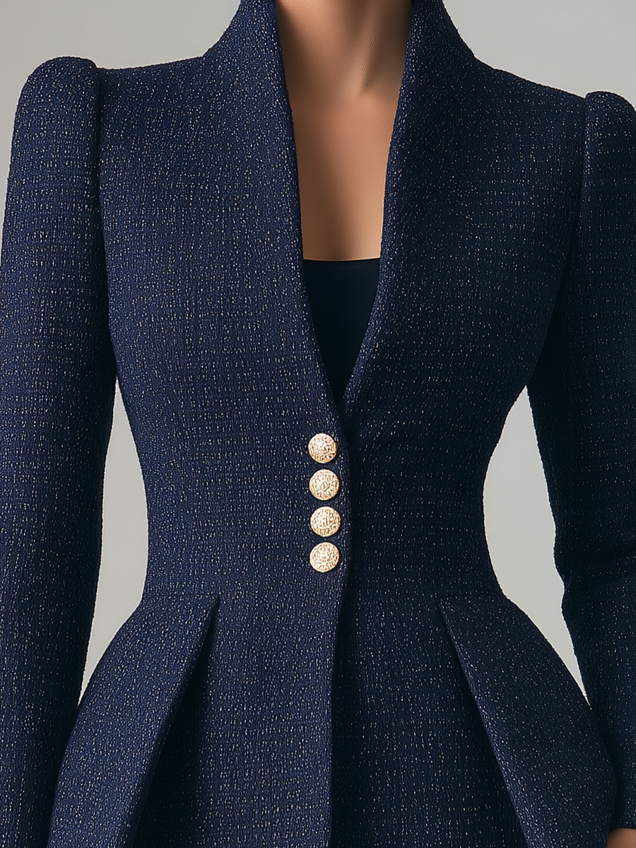 Navy Tweed Stand Collar Peplum Tailored Blazer