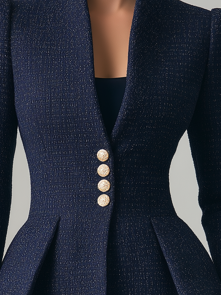 Navy Tweed Stand Collar Peplum Tailored Blazer