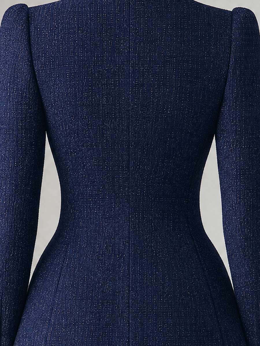 Navy Tweed Stand Collar Peplum Tailored Blazer