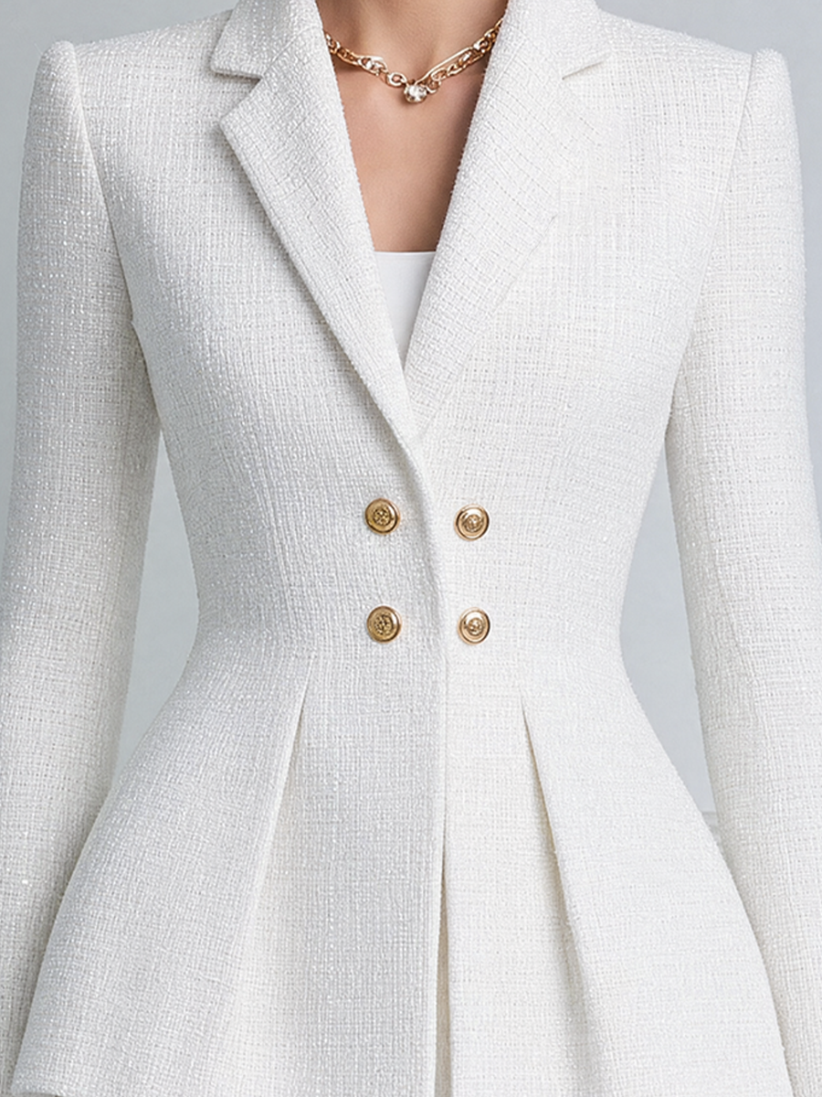 White Tweed Peak Lapel Double Breasted Peplum Blazer