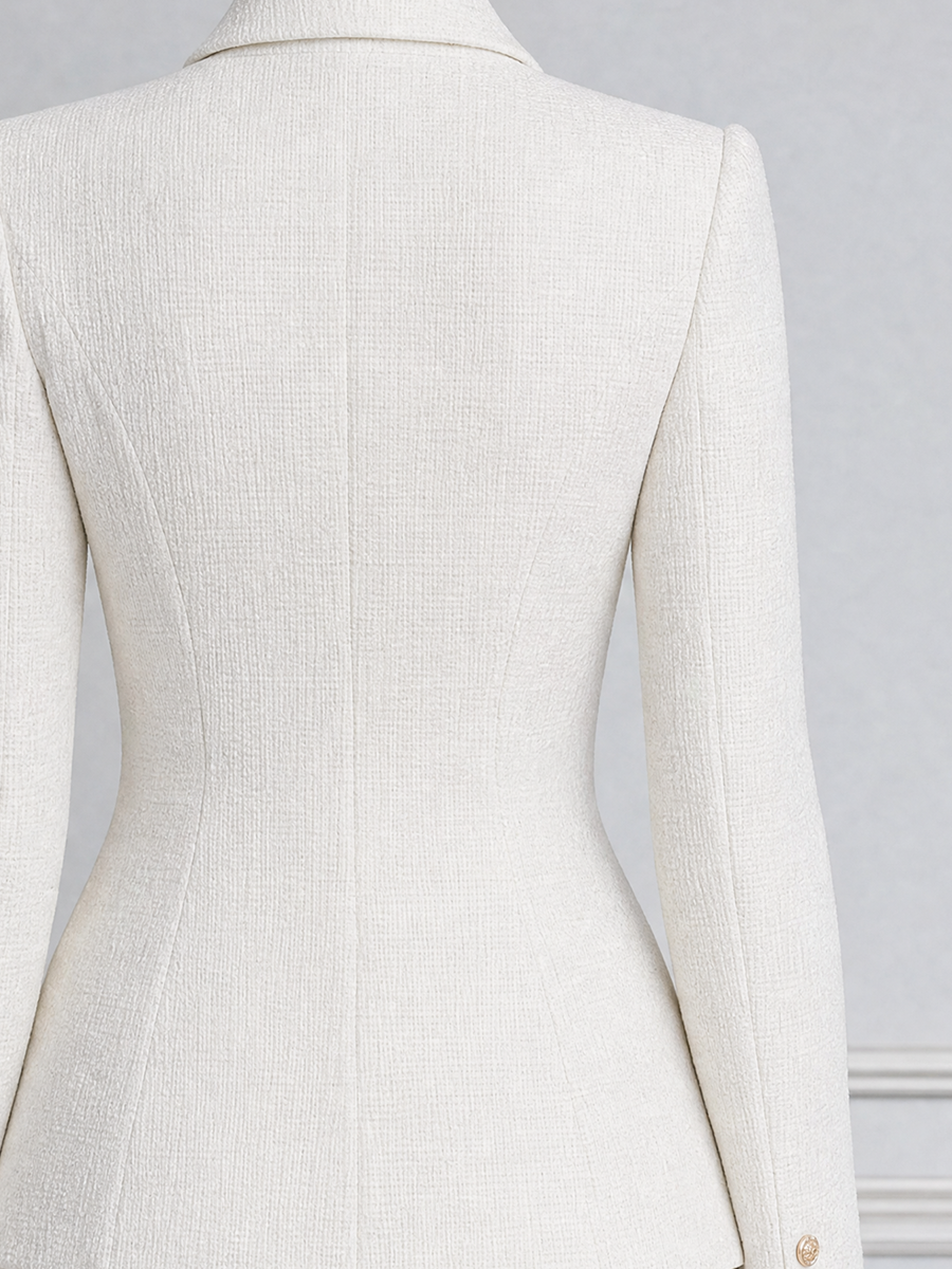 White Tweed Peak Lapel Double Breasted Peplum Blazer