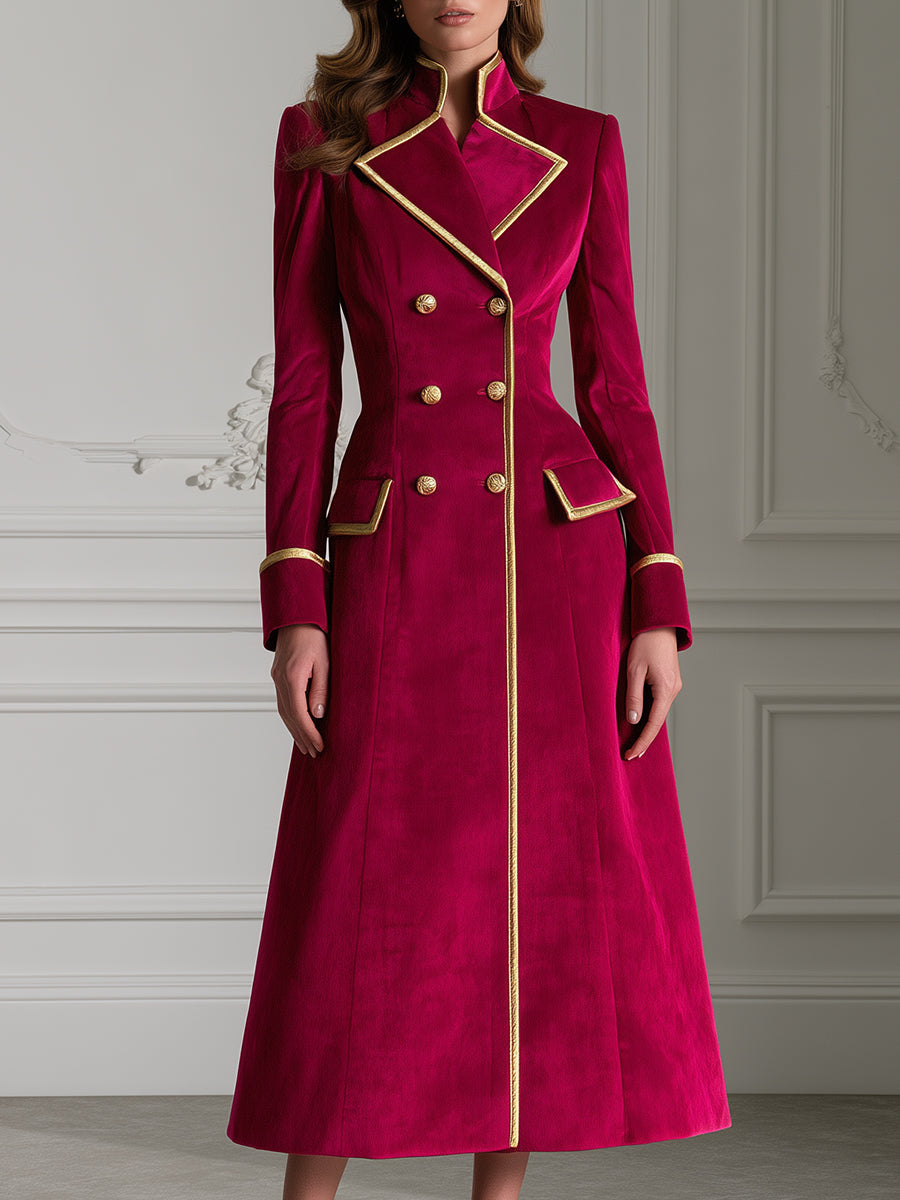 Gold Piped Peak Lapel Double-Breasted Fit-and-Flare Velvet Maxi Coat