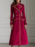 Gold Piped Peak Lapel Double-Breasted Fit-and-Flare Velvet Maxi Coat
