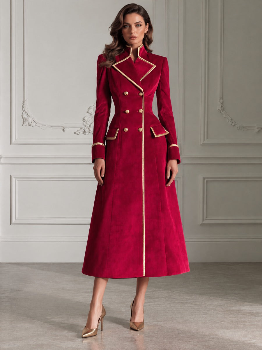 Gold Piped Peak Lapel Double-Breasted Fit-and-Flare Velvet Maxi Coat