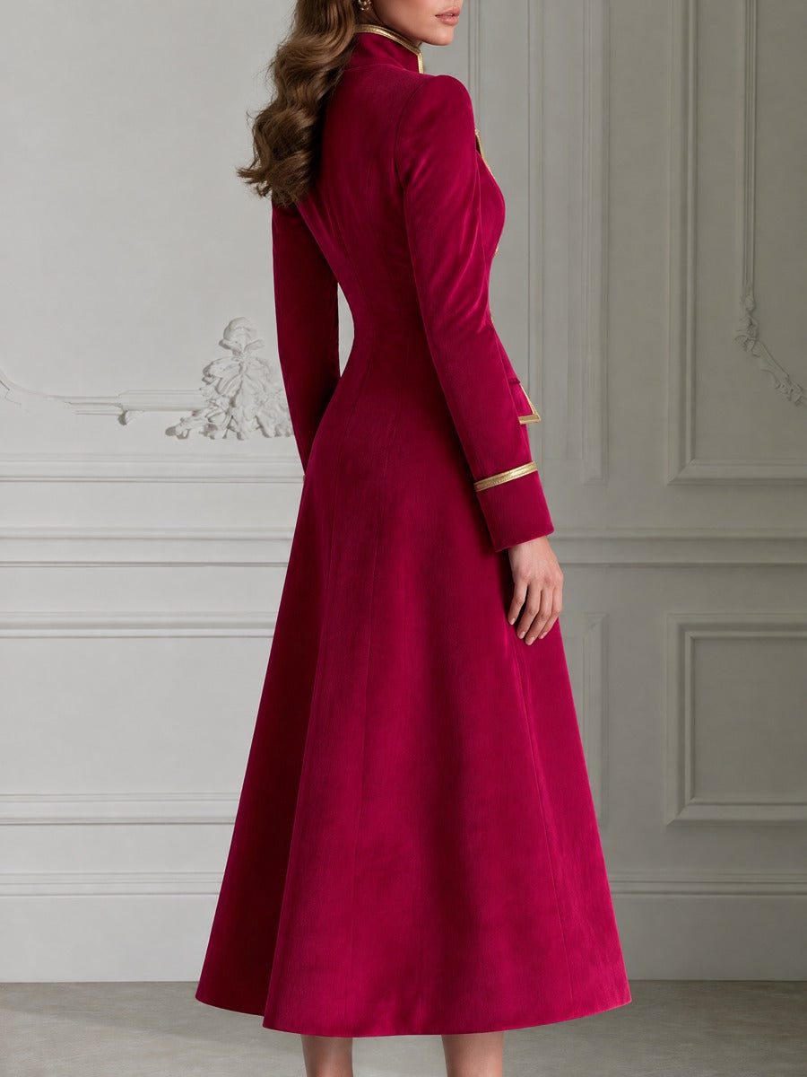Gold Piped Peak Lapel Double-Breasted Fit-and-Flare Velvet Maxi Coat