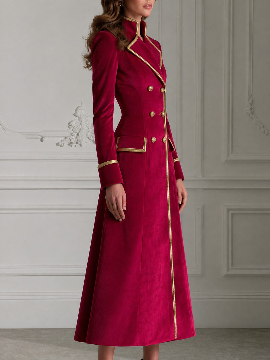 Gold Piped Peak Lapel Double-Breasted Fit-and-Flare Velvet Maxi Coat