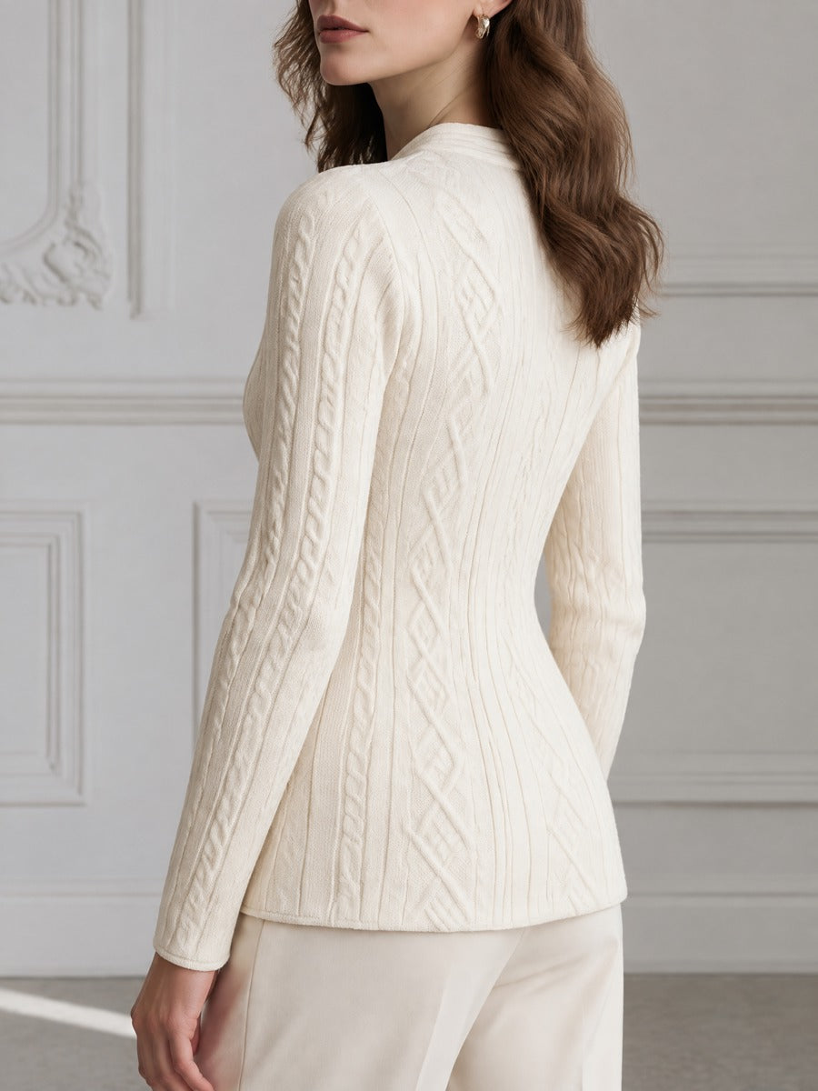 Split Stand Collar Cable Knit Fitted Cardigan