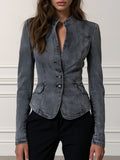 Stand Collar Split Neck Fitted Washed Denim Blazer Jacket
