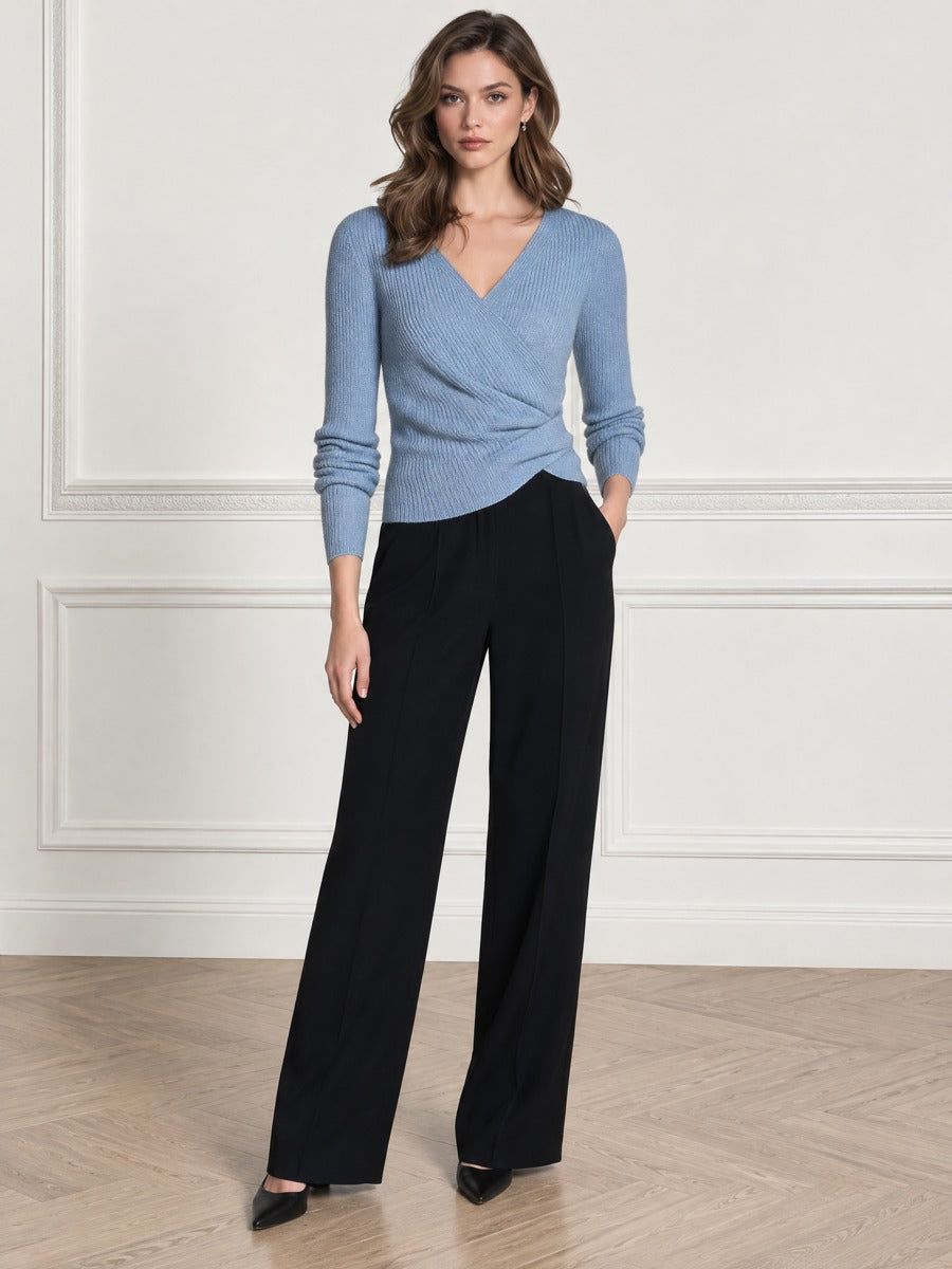 Surplice V-Neck Twist-Front Fitted Ribbed Knit Sweater