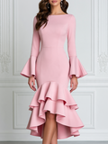 Boat Neck Bell Sleeve Tiered Ruffle High-Low Midi Dress