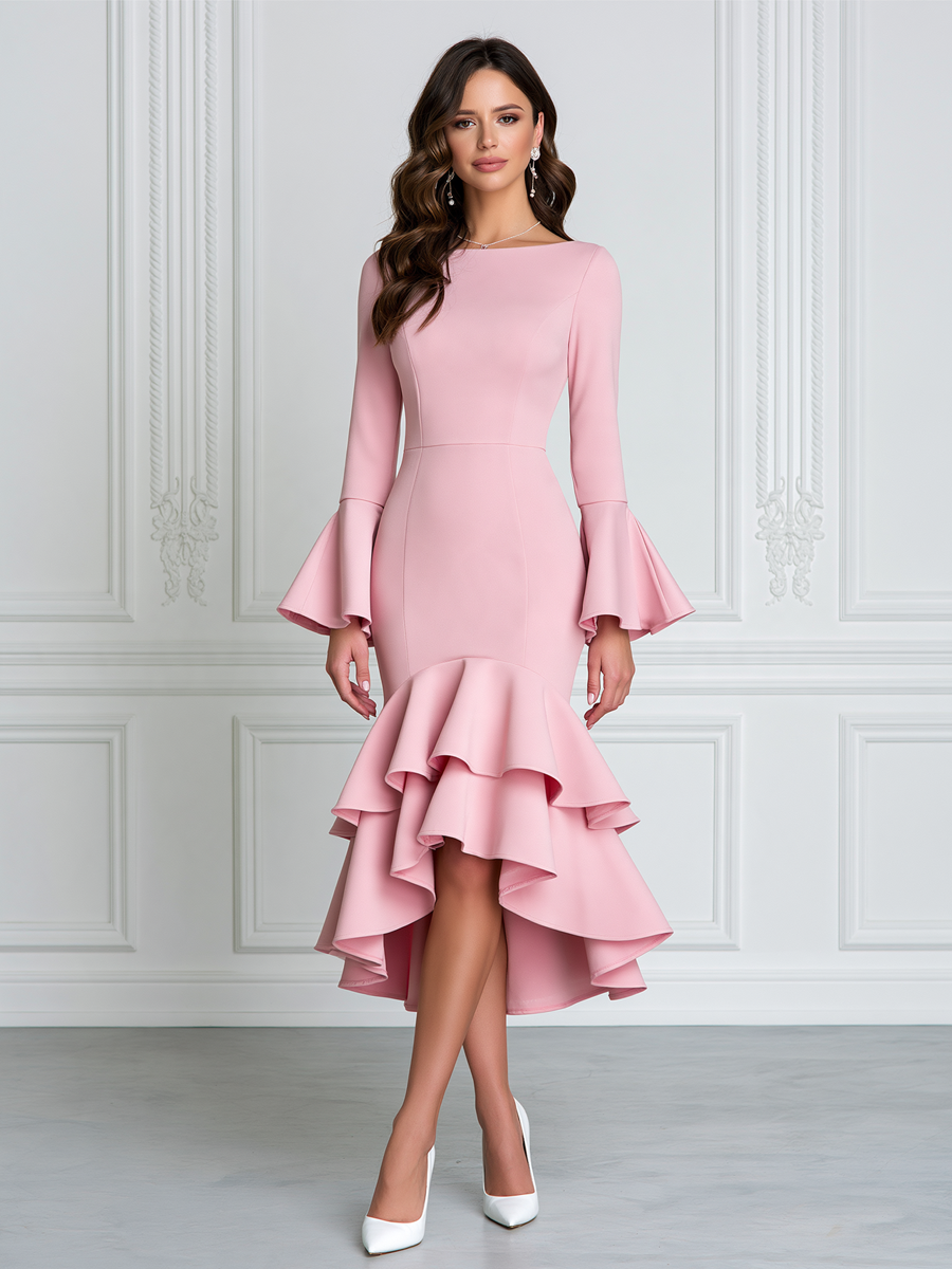 Boat Neck Bell Sleeve Tiered Ruffle High-Low Midi Dress