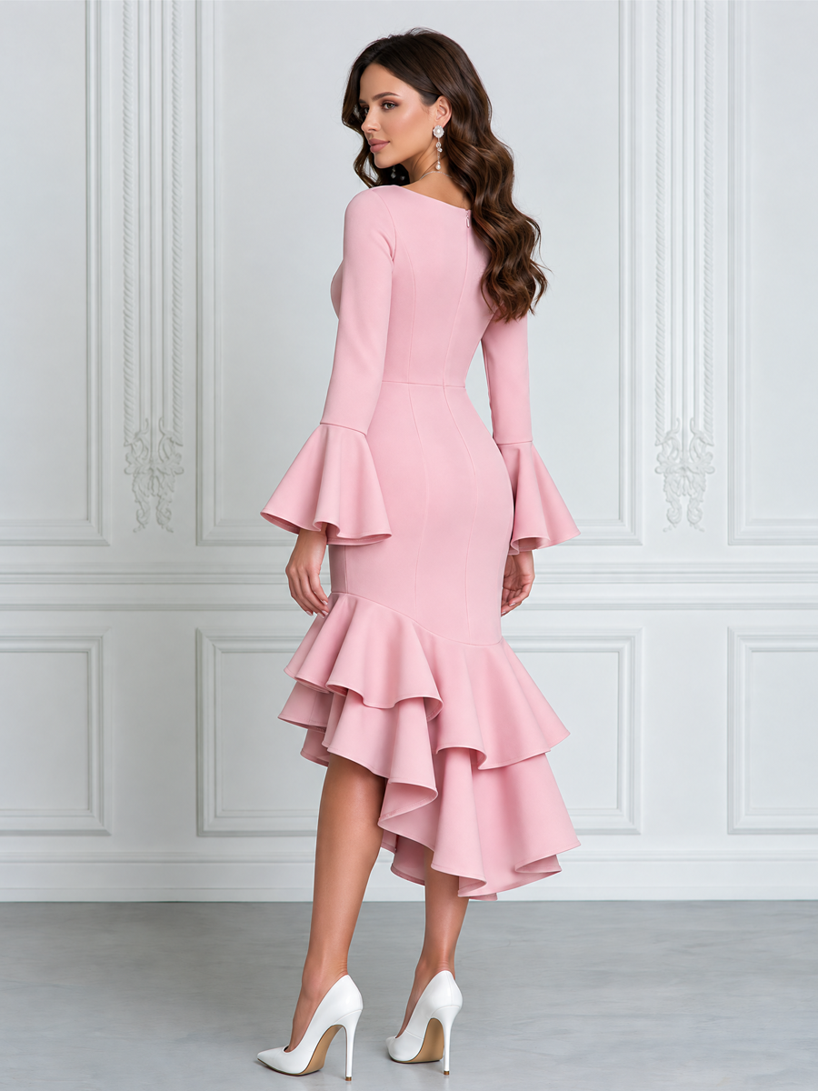 Boat Neck Bell Sleeve Tiered Ruffle High-Low Midi Dress