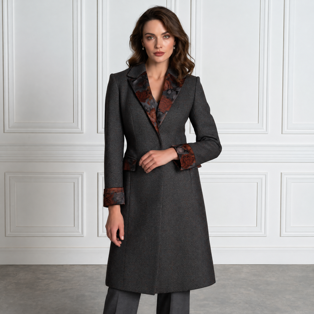 Floral Satin Lapel Concealed Placket Fitted Herringbone Wool Coat