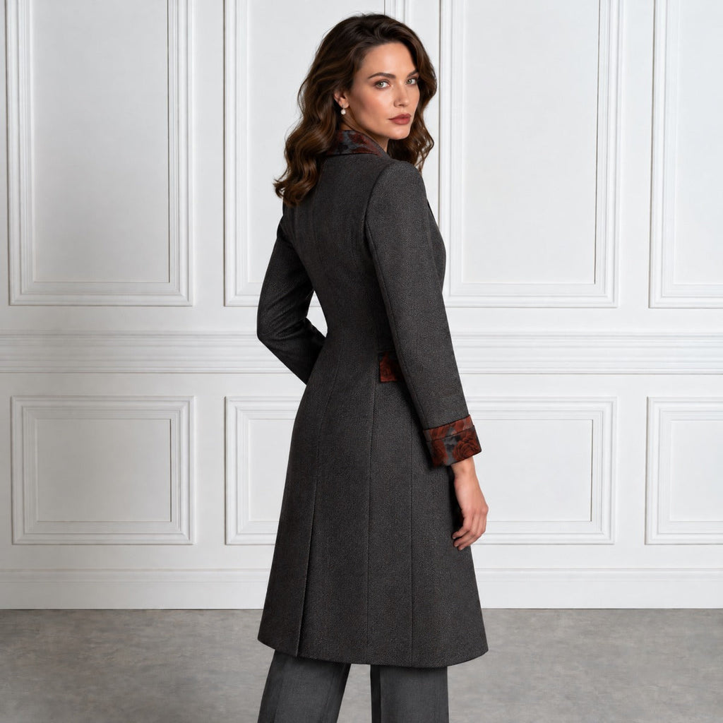 Floral Satin Lapel Concealed Placket Fitted Herringbone Wool Coat