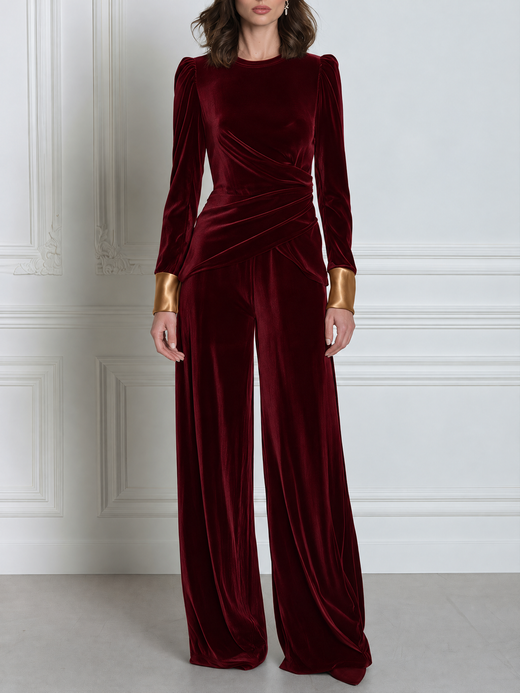 Contrast Satin Cuff Round Neck Draped Velvet Top And Wide-Leg Trouser Set