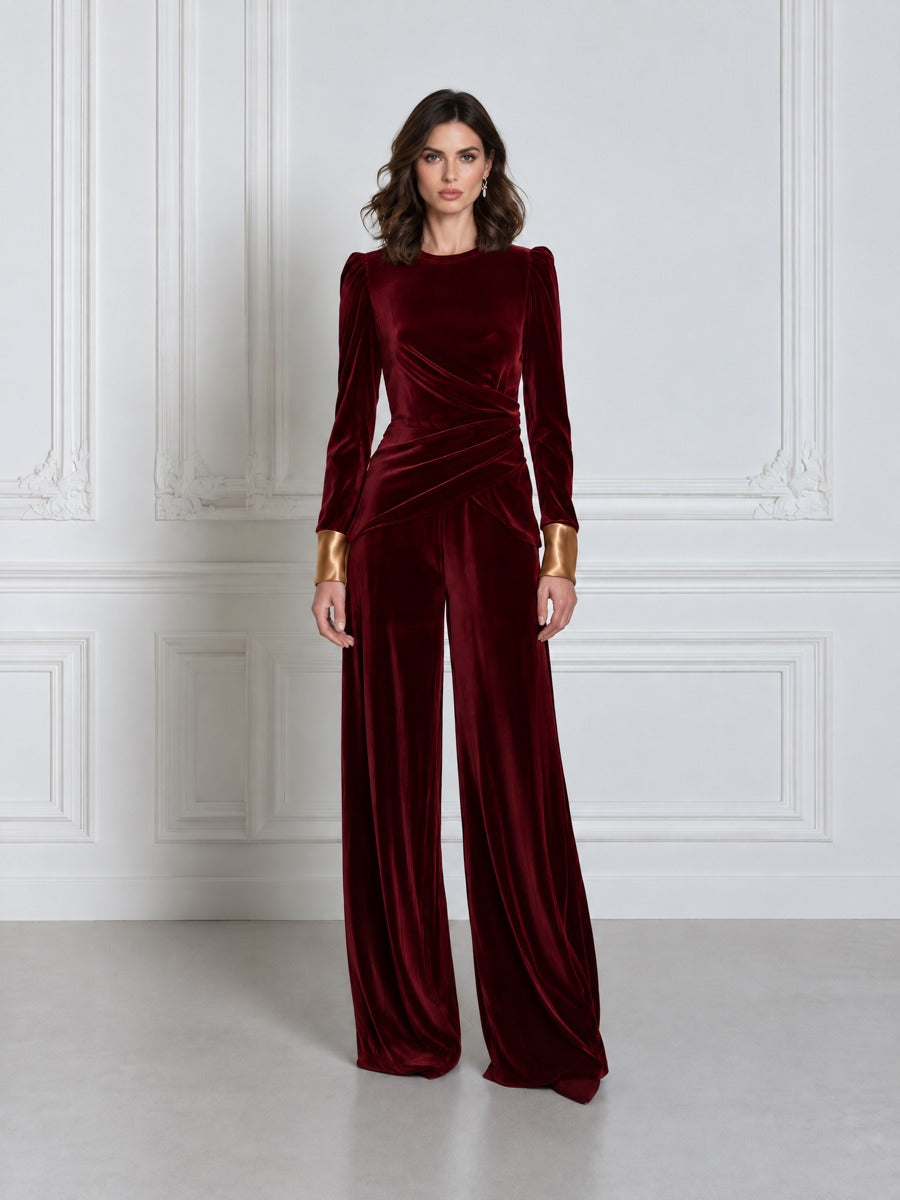 Contrast Satin Cuff Round Neck Draped Velvet Top And Wide-Leg Trouser Set