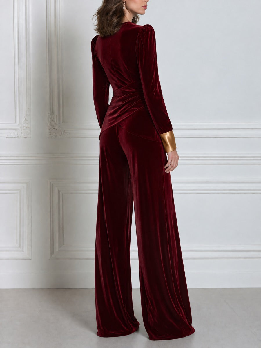 Contrast Satin Cuff Round Neck Draped Velvet Top And Wide-Leg Trouser Set