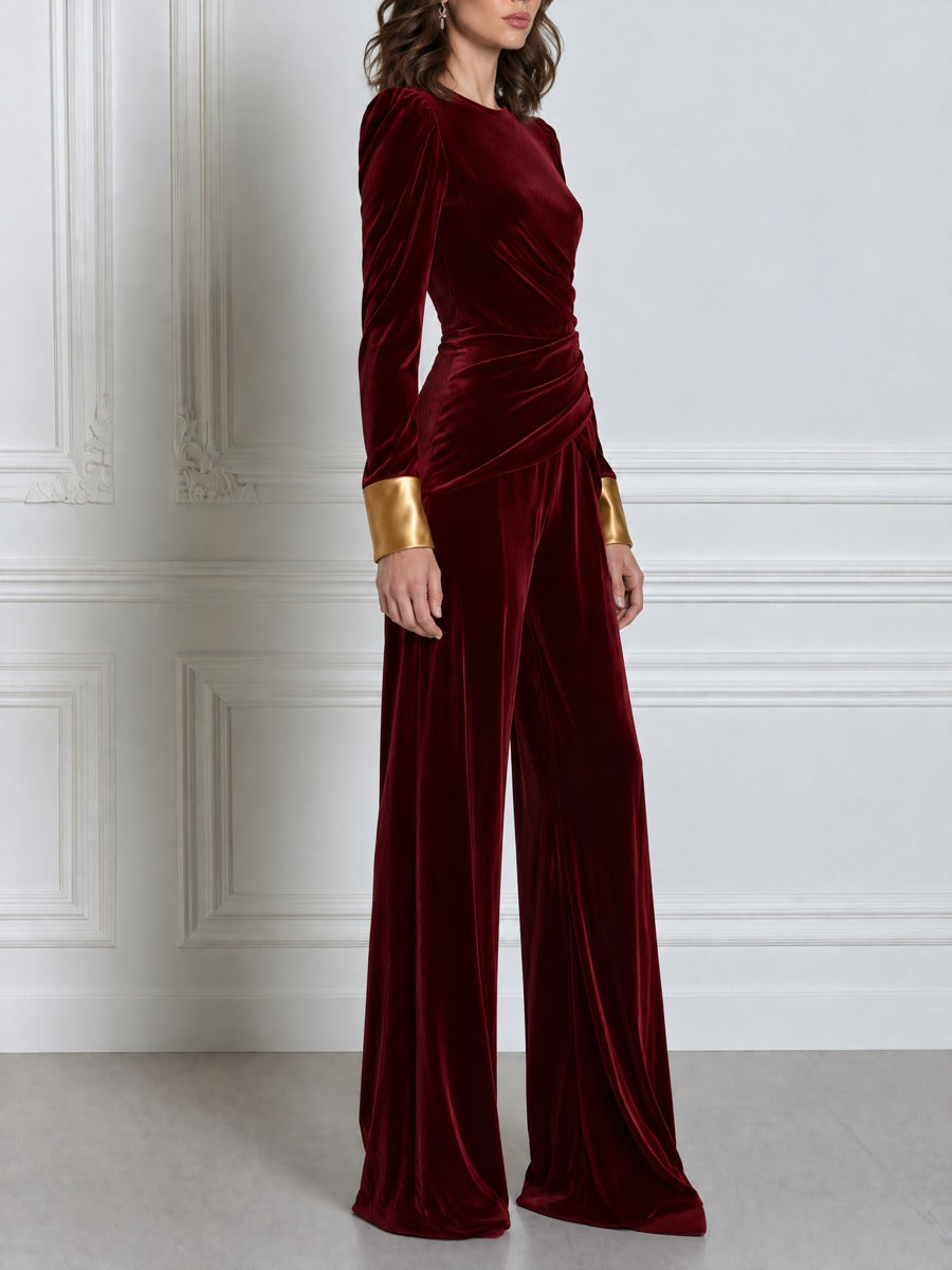 Contrast Satin Cuff Round Neck Draped Velvet Top And Wide-Leg Trouser Set