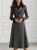 Notch Lapel Button-Front Fit-and-Flare Birdseye Midi Dress