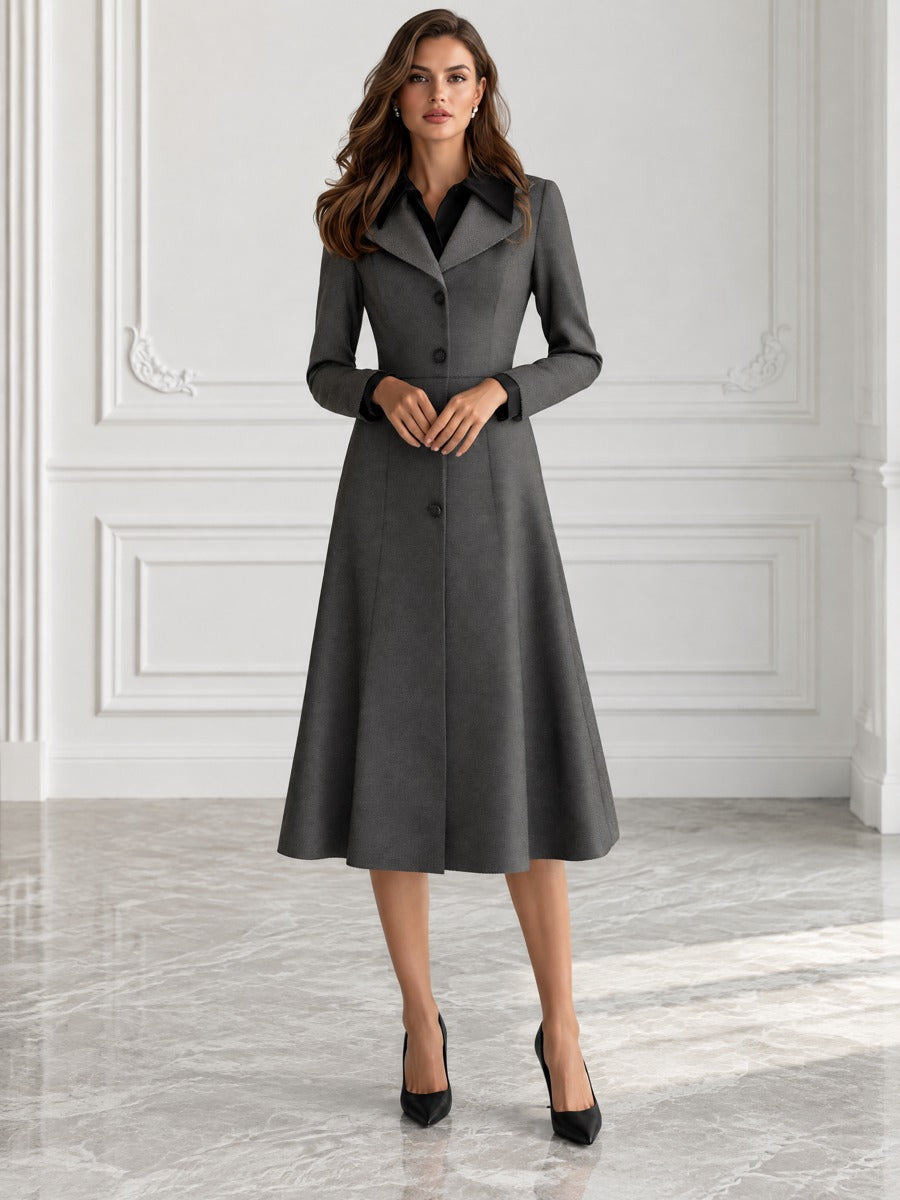 Notch Lapel Button-Front Fit-and-Flare Birdseye Midi Dress