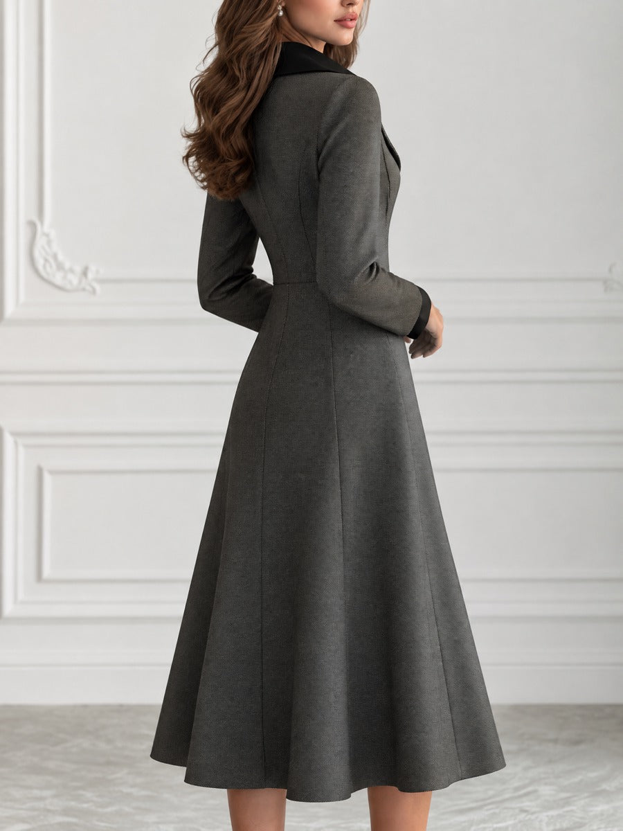 Notch Lapel Button-Front Fit-and-Flare Birdseye Midi Dress