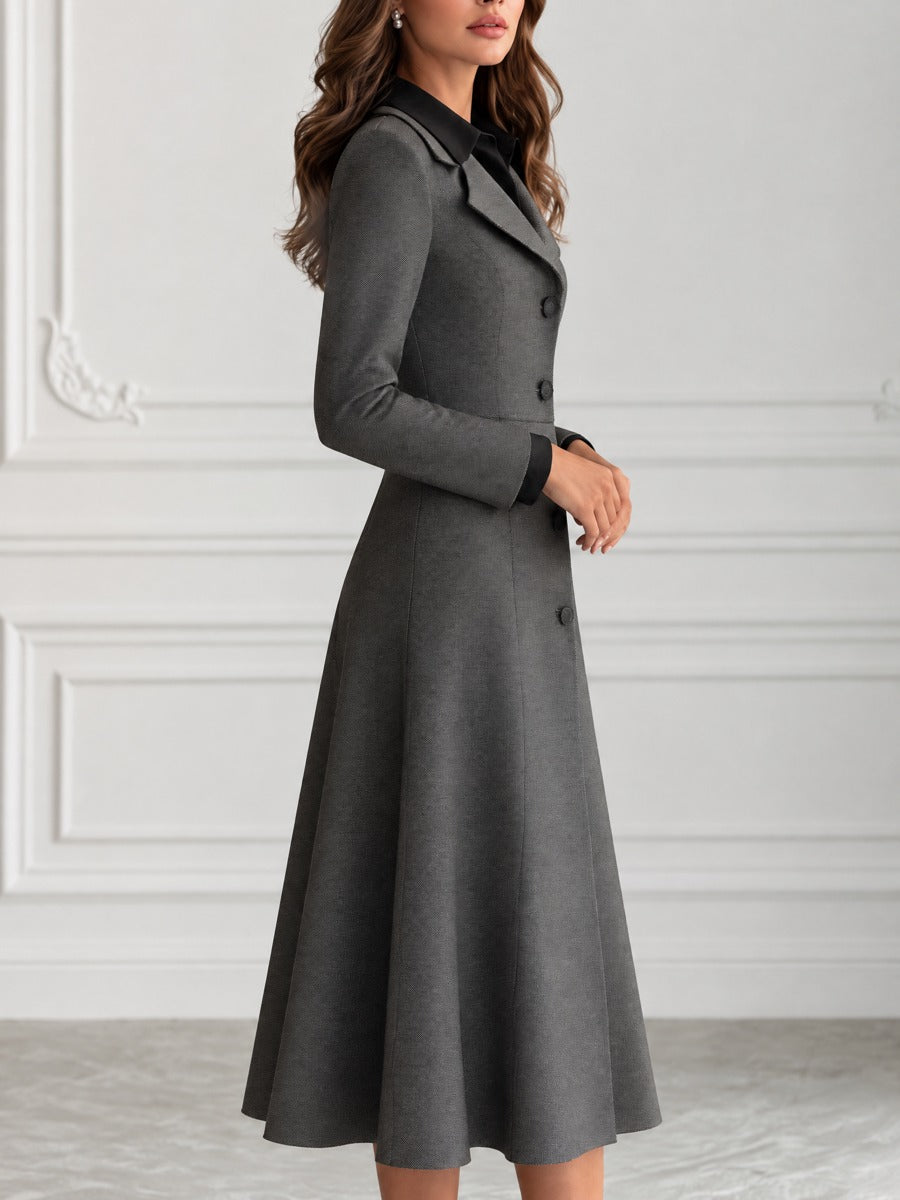 Notch Lapel Button-Front Fit-and-Flare Birdseye Midi Dress