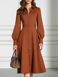 Spread Collar Zip-Front Belted Fit-and-Flare Crepe Midi Dress