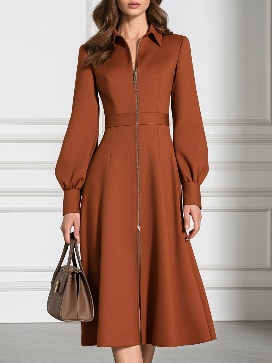 Spread Collar Zip-Front Belted Fit-and-Flare Crepe Midi Dress