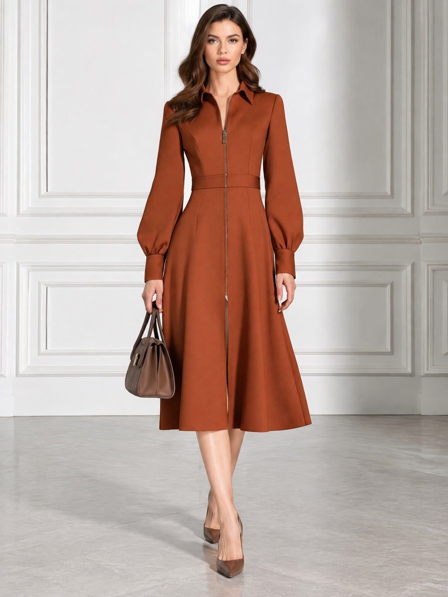 Spread Collar Zip-Front Belted Fit-and-Flare Crepe Midi Dress
