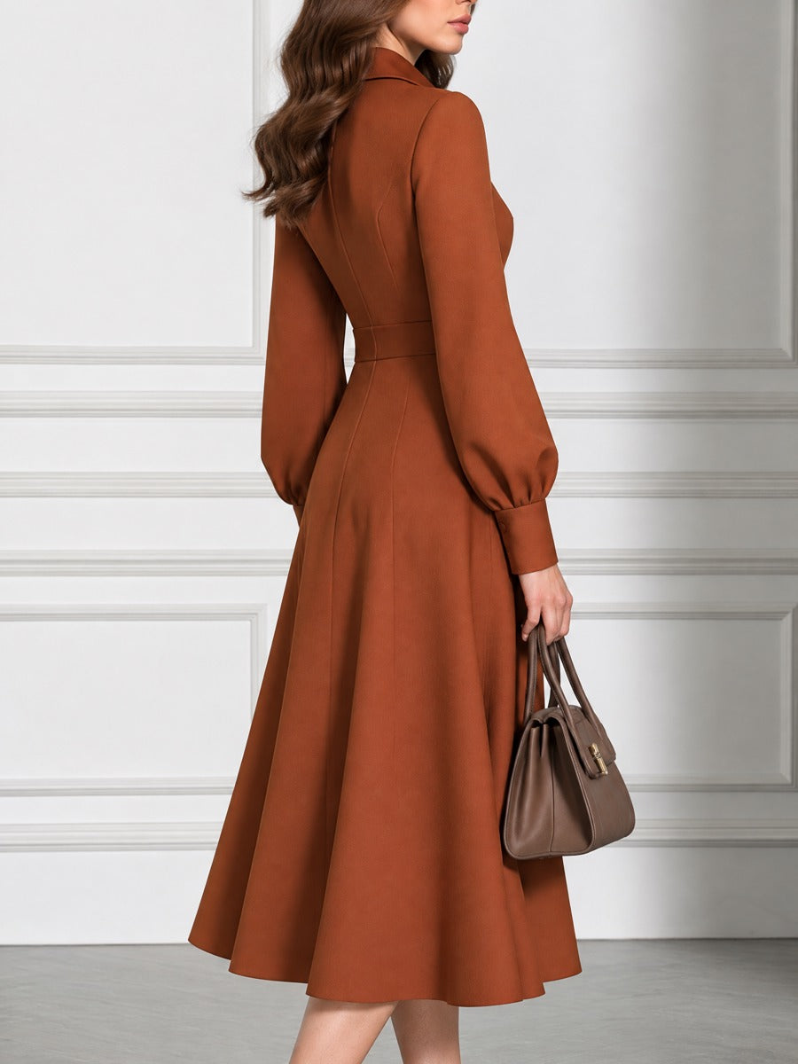 Spread Collar Zip-Front Belted Fit-and-Flare Crepe Midi Dress
