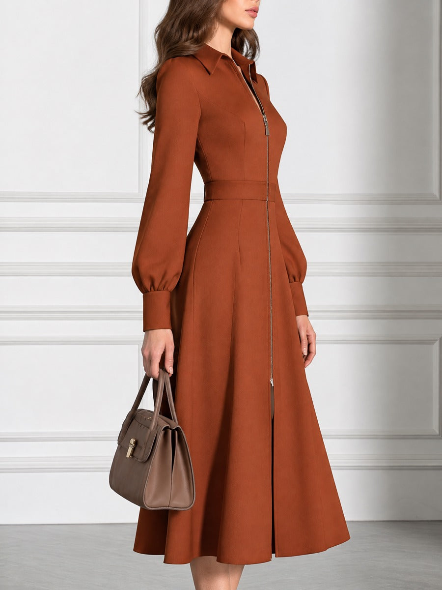 Spread Collar Zip-Front Belted Fit-and-Flare Crepe Midi Dress