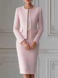 Light Pink Textured Tweed Collarless Skirt Suit