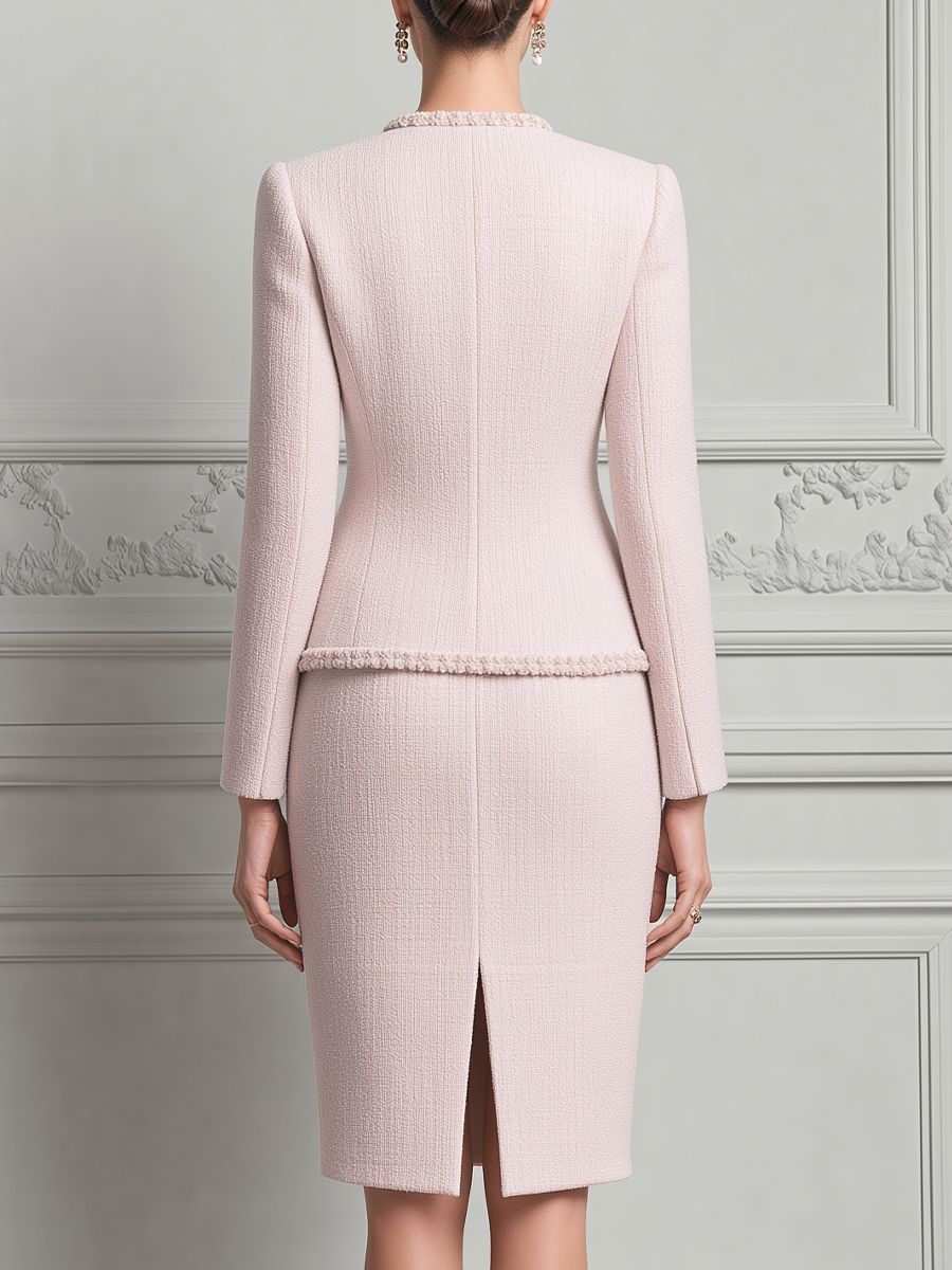 Light Pink Tweed Fringe Trim Jacket And Sleeveless Midi Dress Set