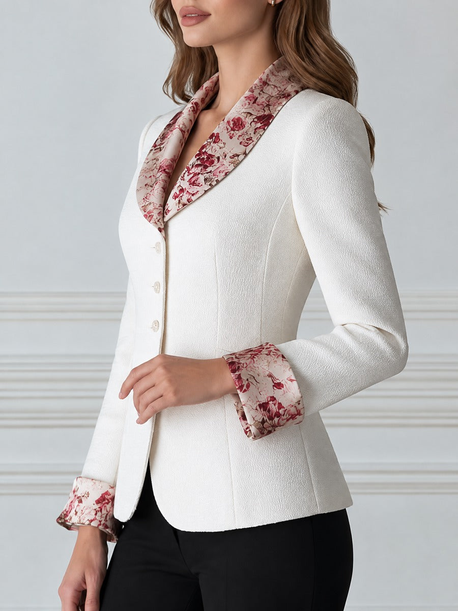 Floral Contrast Collar Tweed Blazer Jacket