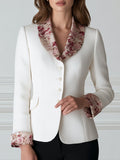 Floral Contrast Collar Tweed Blazer Jacket
