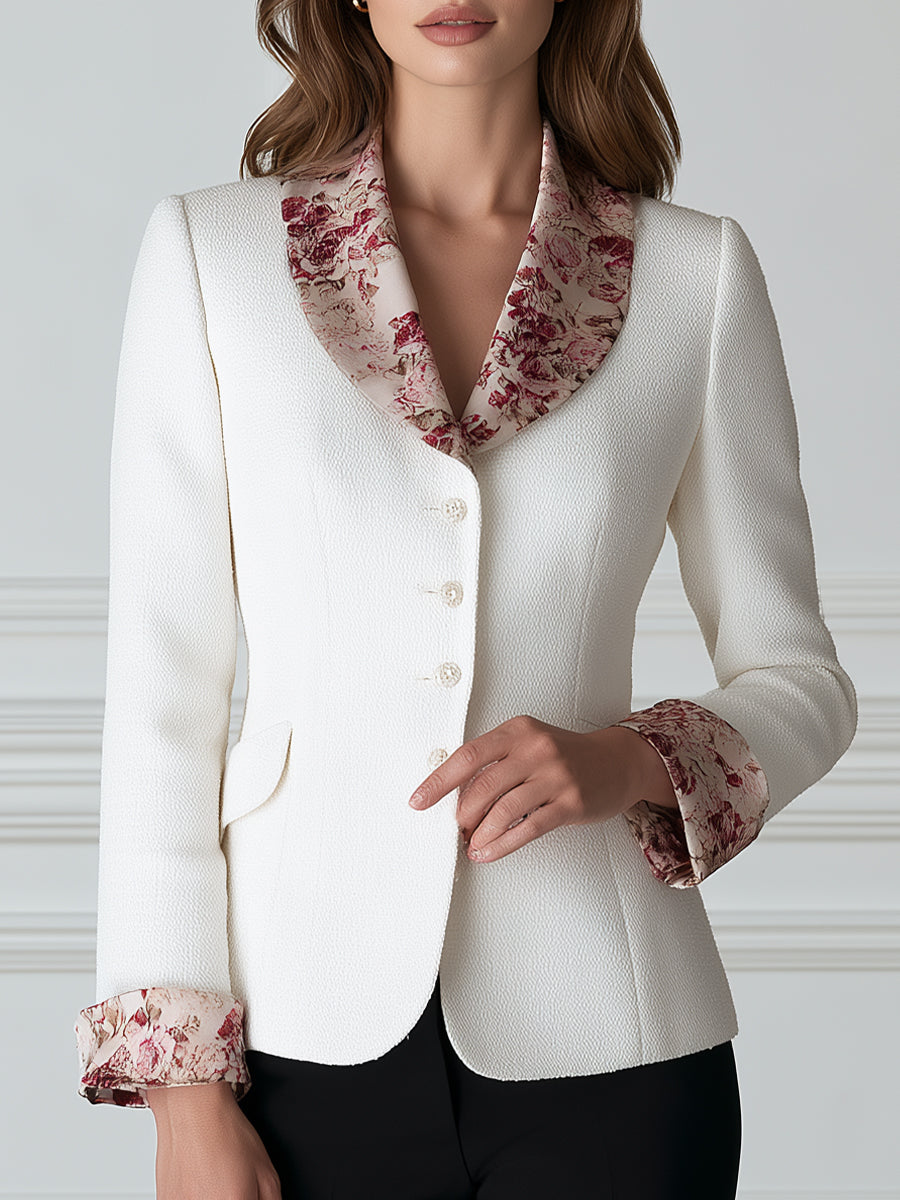 Floral Contrast Collar Tweed Blazer Jacket