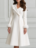 Elegant Lapel Collar Faux Fur Cuff Fit-and-Flare Midi Coat