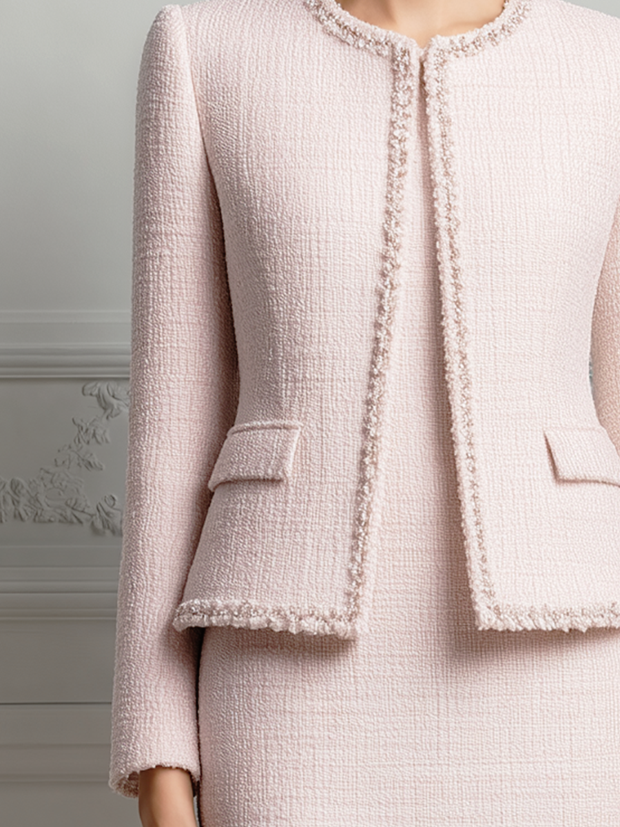 Light Pink Tweed Fringe Trim Jacket And Sleeveless Midi Dress Set