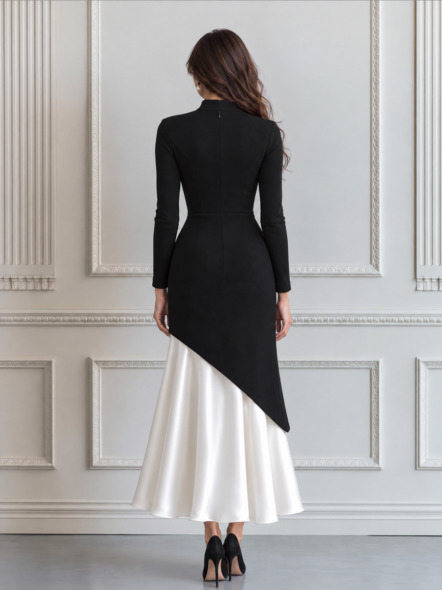Mock Neck Asymmetric Colorblock Satin Hem Midi Dress