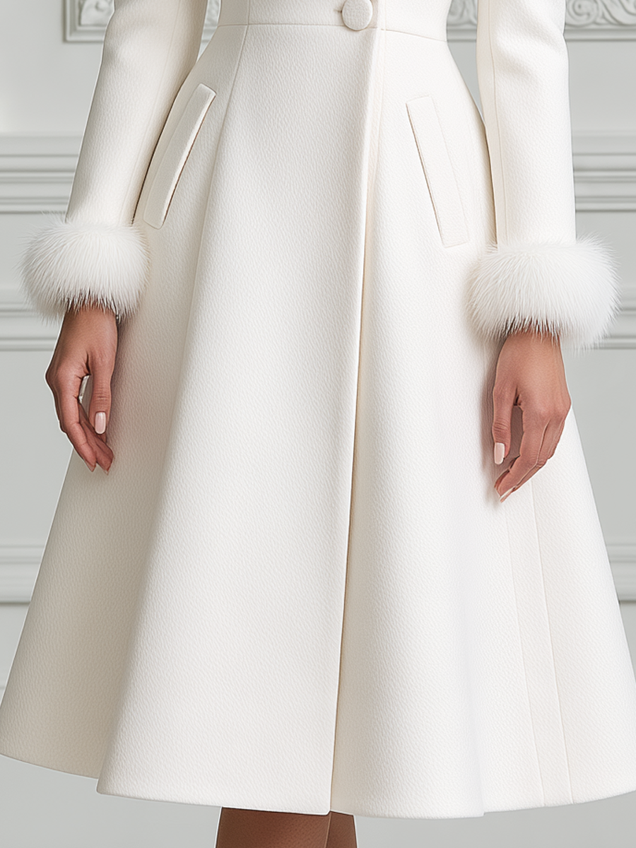 Elegant Lapel Collar Faux Fur Cuff Fit-and-Flare Midi Coat