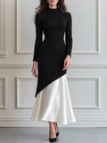 Mock Neck Asymmetric Colorblock Satin Hem Midi Dress